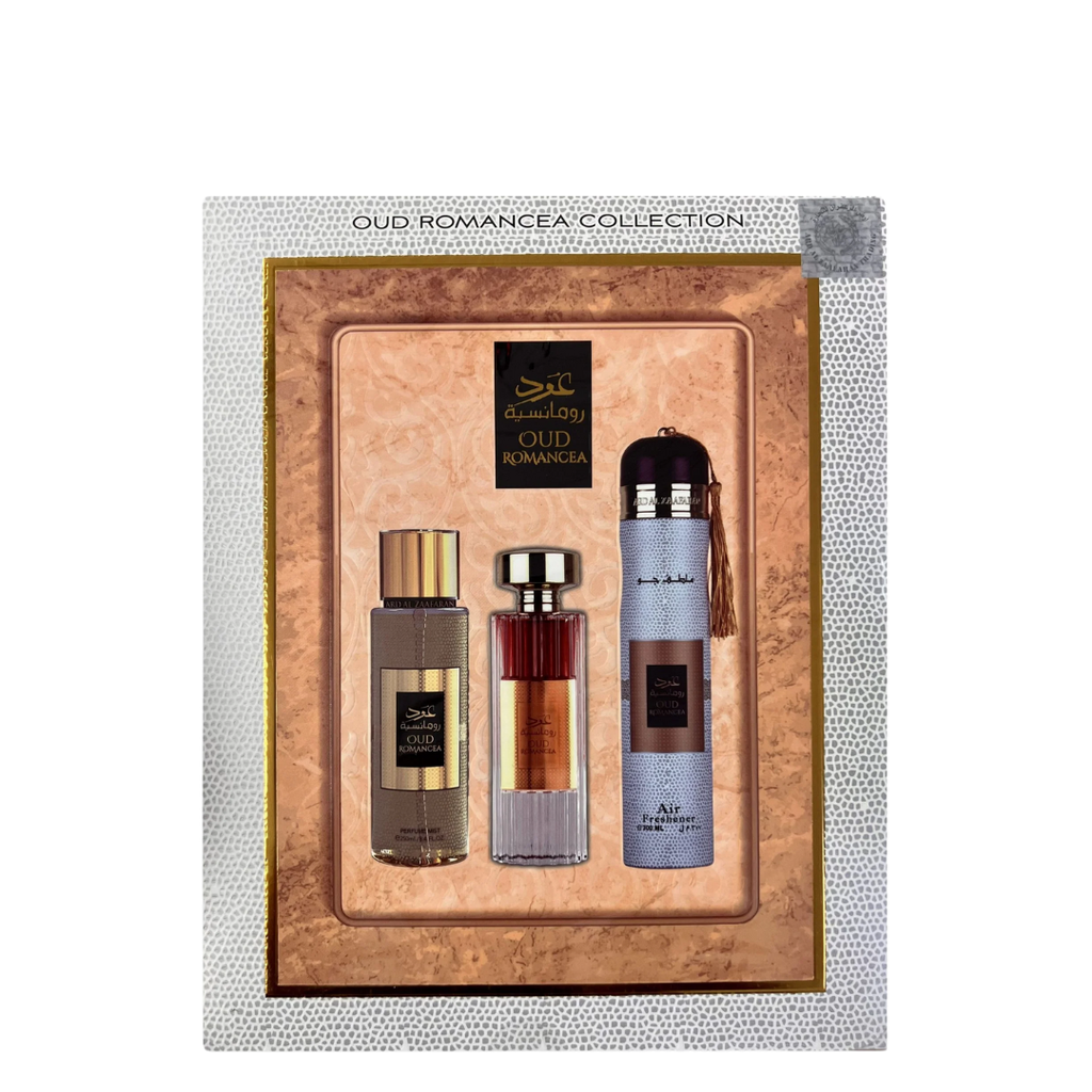 A 3-piece gift set by Ard Al Zaafaran, including a perfume bottle, a perfume mist bottle, and an air freshener, all presented in a box with a leather pattern.