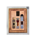 A 3-piece gift set by Ard Al Zaafaran, including a perfume bottle, a perfume mist bottle, and an air freshener, all presented in a box with a leather pattern.