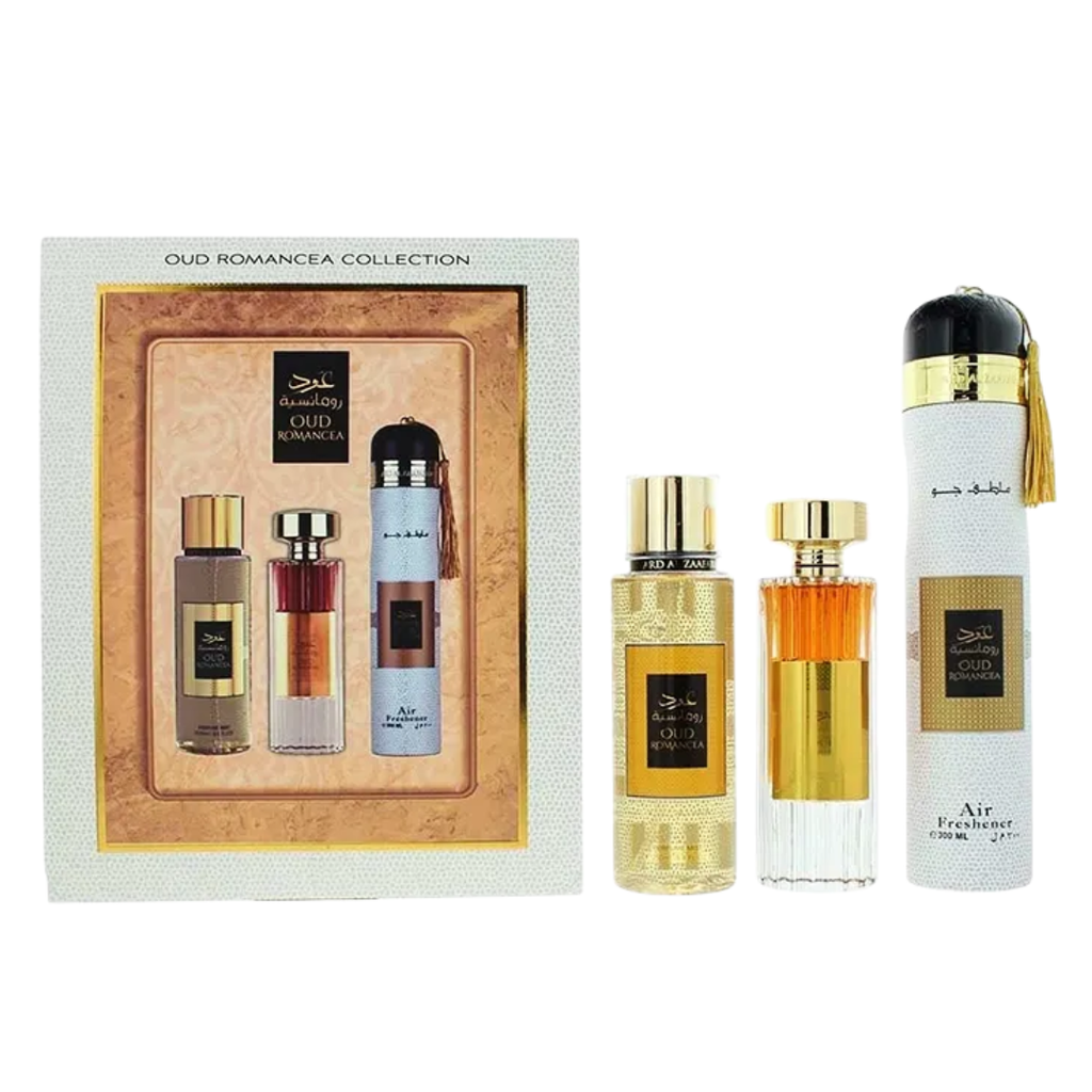 Oud Romancea Collection with perfume bottles and packaging on a white background