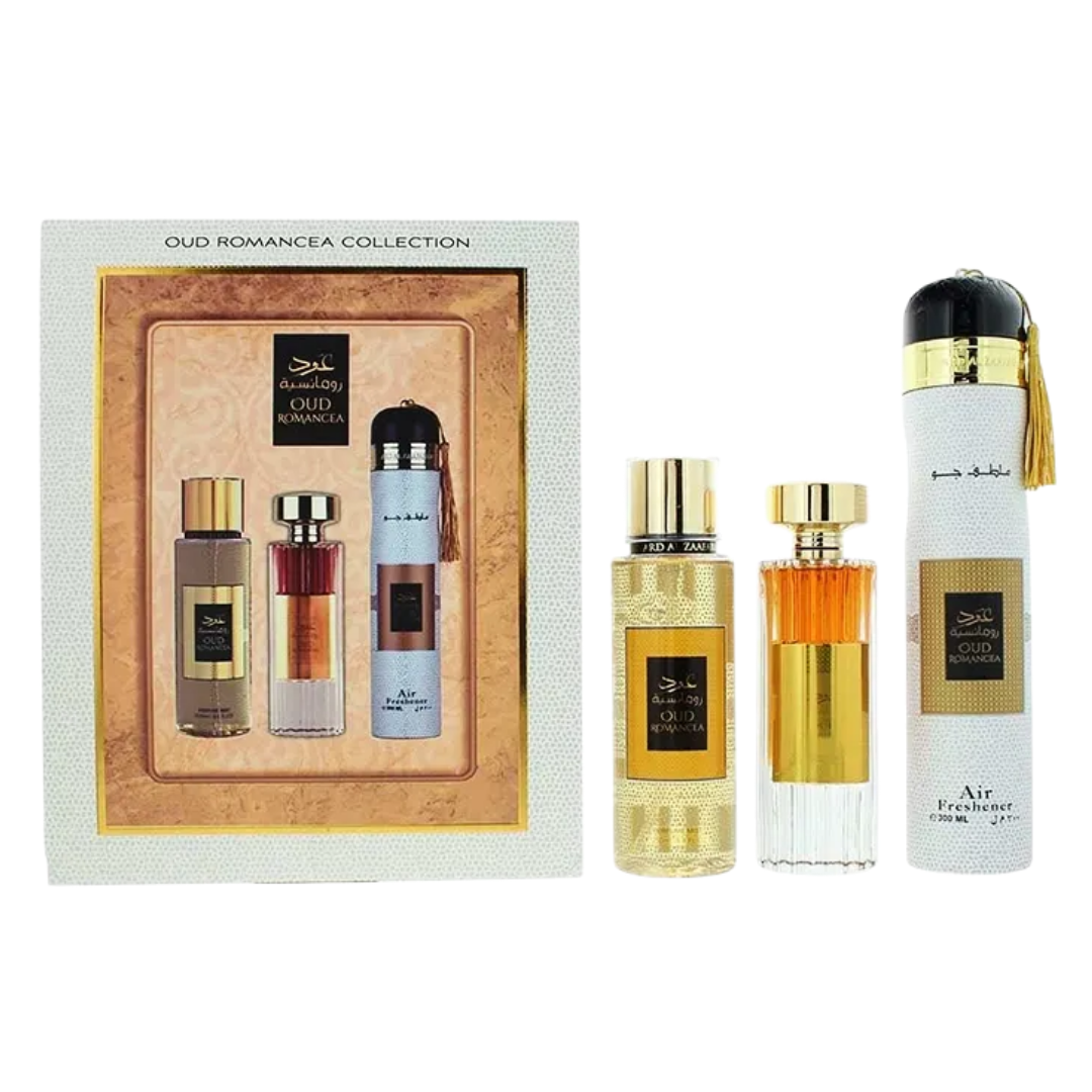 Oud Romancea Collection with perfume bottles and packaging on a white background