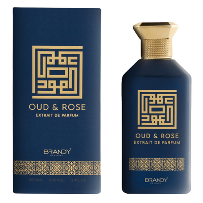 Oud & Rose extract de parfum bottle and packaging with gold geometric design on a white background