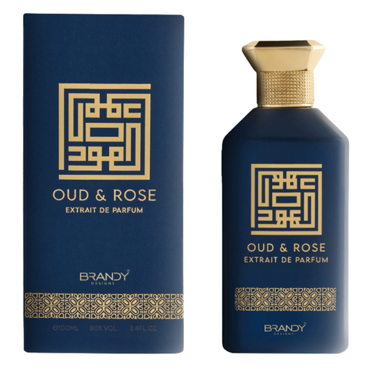Oud & Rose extract de parfum bottle and packaging with gold geometric design on a white background