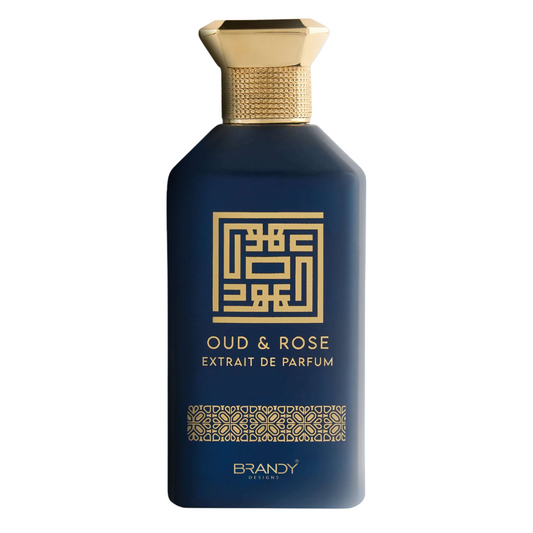 Blue perfume bottle with gold accents on a white background. Oud & Rose by Brandy Designs Unisex Perfume