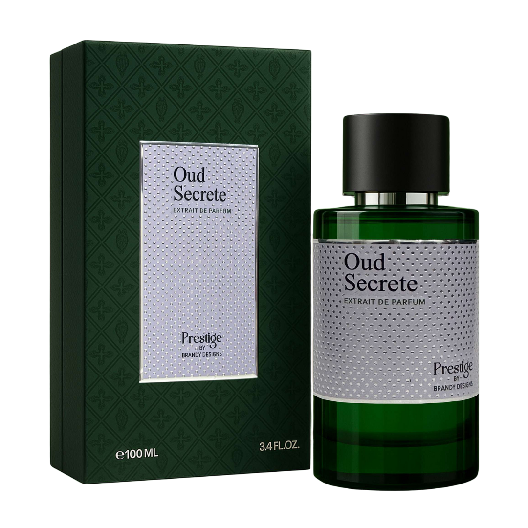 Oud Secrete perfume bottle and packaging on a white background