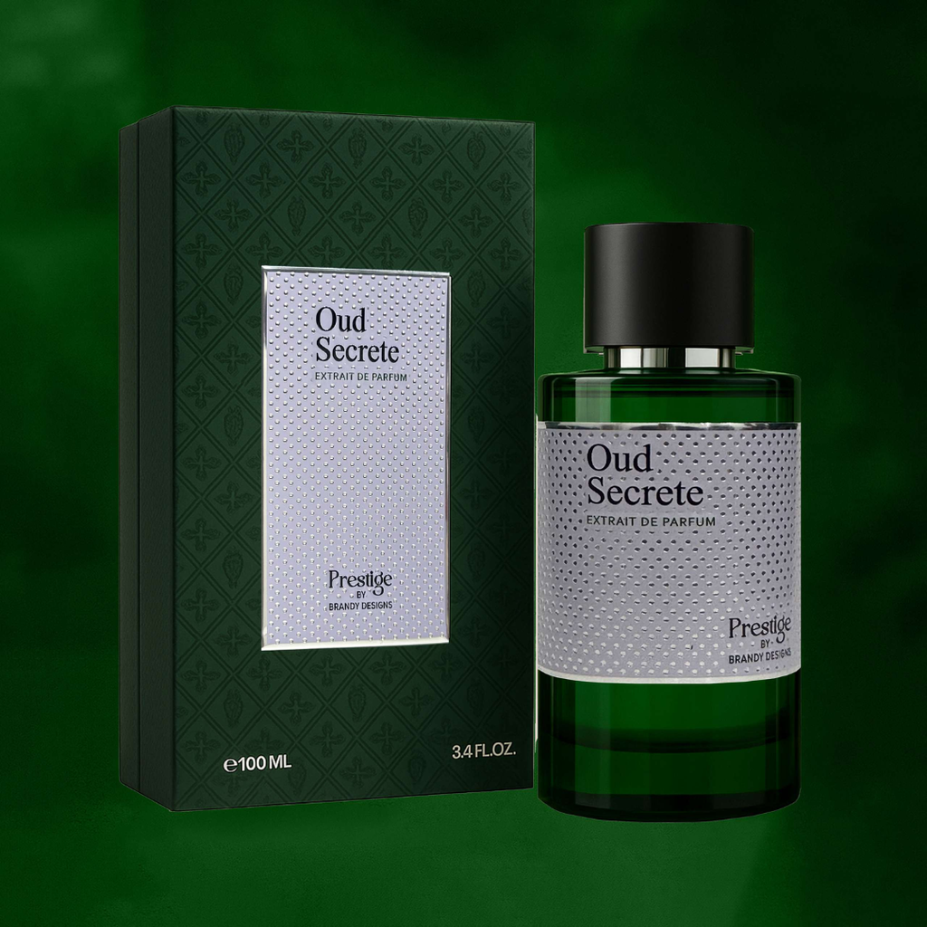 Oud Secrete perfume bottle and packaging on a green background
