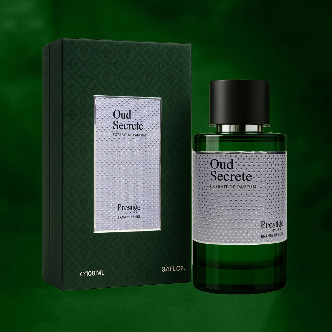 Oud Secrete perfume bottle and packaging on a green background