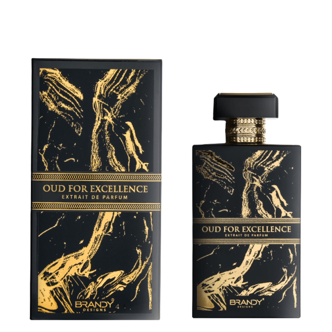 Perfume bottle and packaging of 'Oud for Excellence' by Brandy on a white background. Oud for Excellence by Brandy Designs Unisex Perfume