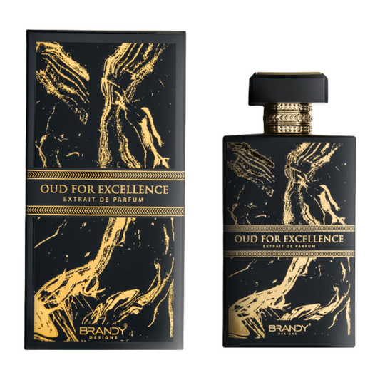 Perfume bottle and packaging of 'Oud for Excellence' by Brandy on a white background. Oud for Excellence by Brandy Designs Unisex Perfume