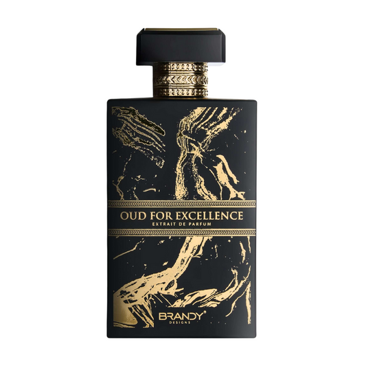 Black and gold perfume bottle labeled 'Oud for Excellence' on a white background. Oud for Excellence by Brandy Designs Unisex Perfume