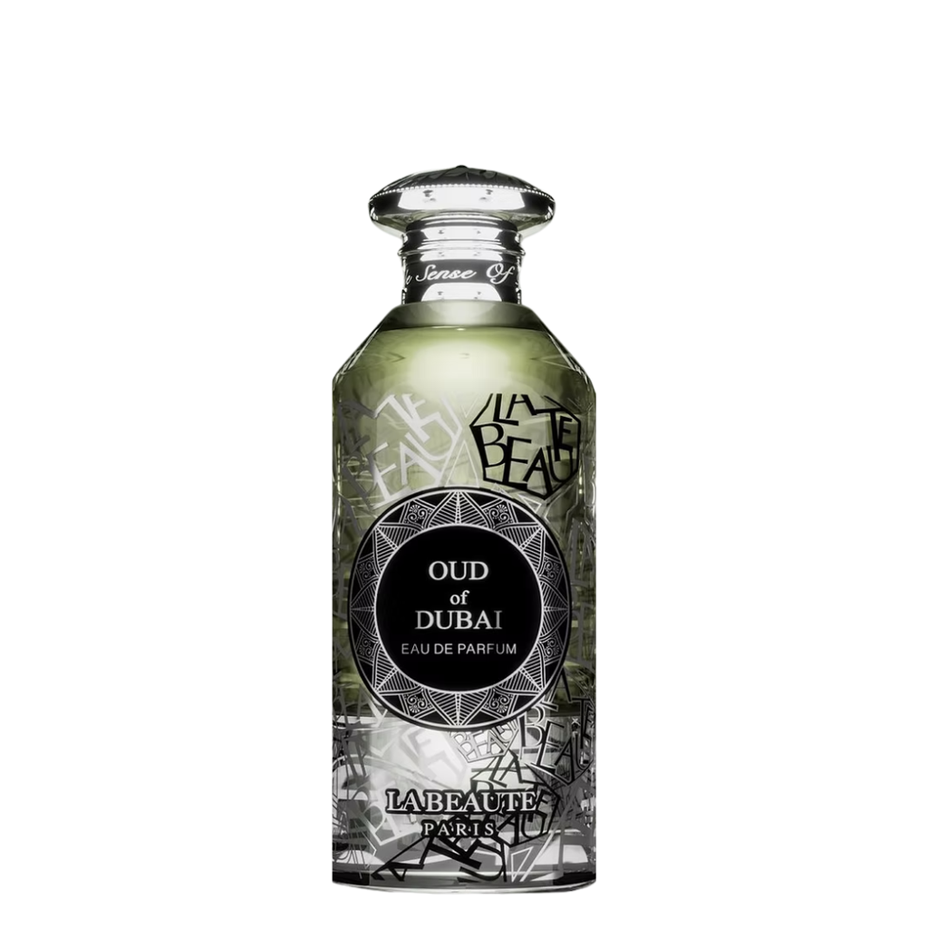 Bottle of Oud of Dubai perfume with a green and black label, text includes 'OUD DUBAI' and 'EAU DE PARFUM'.