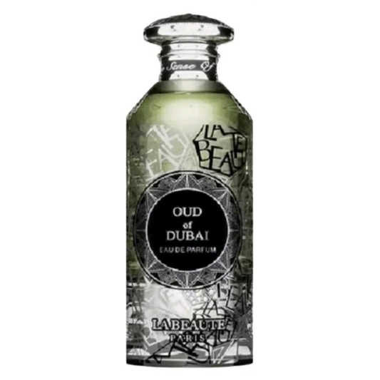 Bottle of Oud of Dubai perfume with a green and black label, text includes 'OUD DUBAI' and 'EAU DE PARFUM'.
