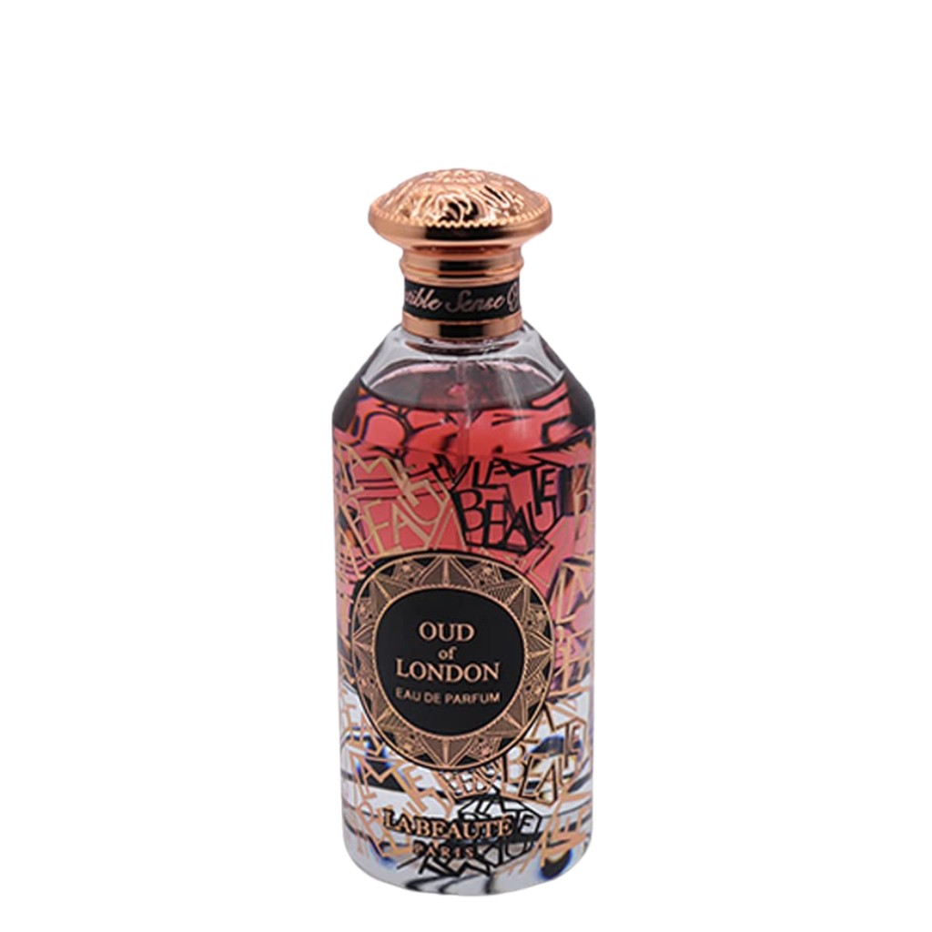 A bottle of Oud of London perfume with a colorful, decorated design and a gold-colored cap.