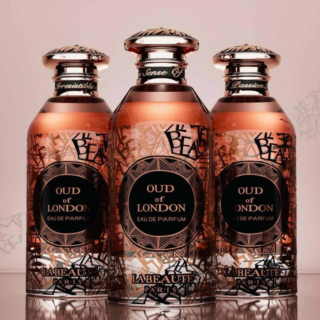 Three bottles of Oud of London perfume by La Beaute Paris on a reflective surface with a pink background.