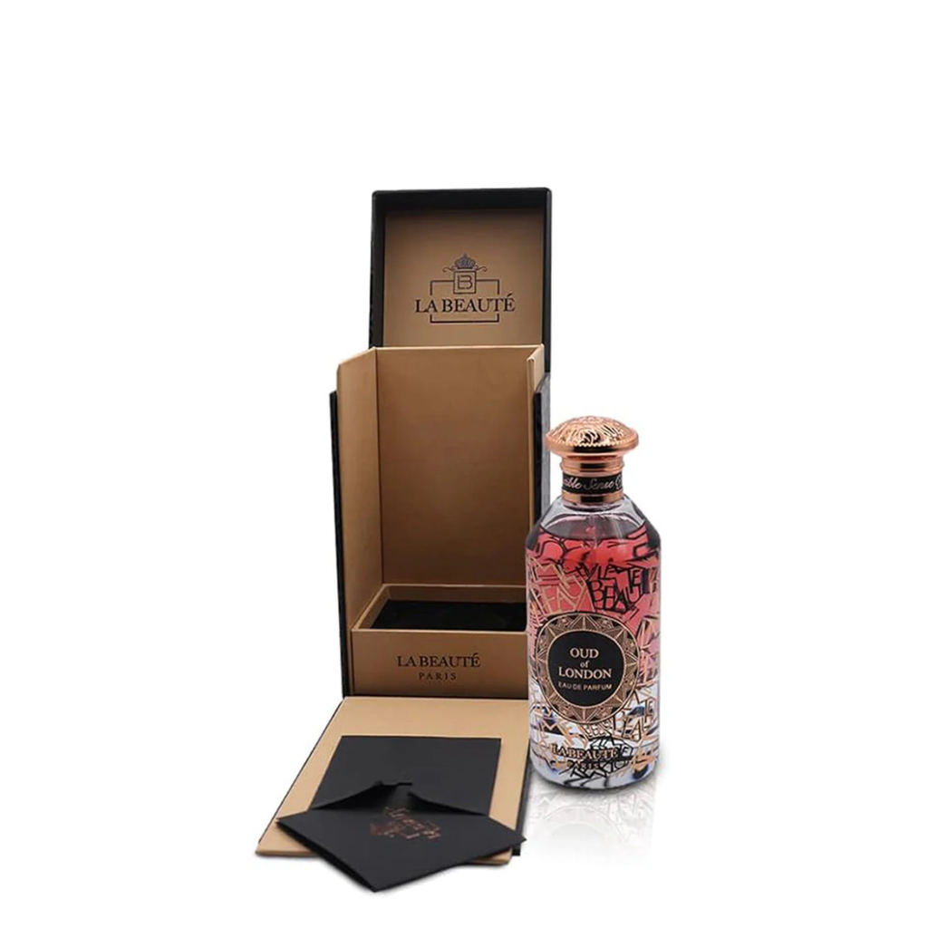 La Beaute bottle with packaging on a white background. Oud of London by La Beaute Paris Unisex Perfume