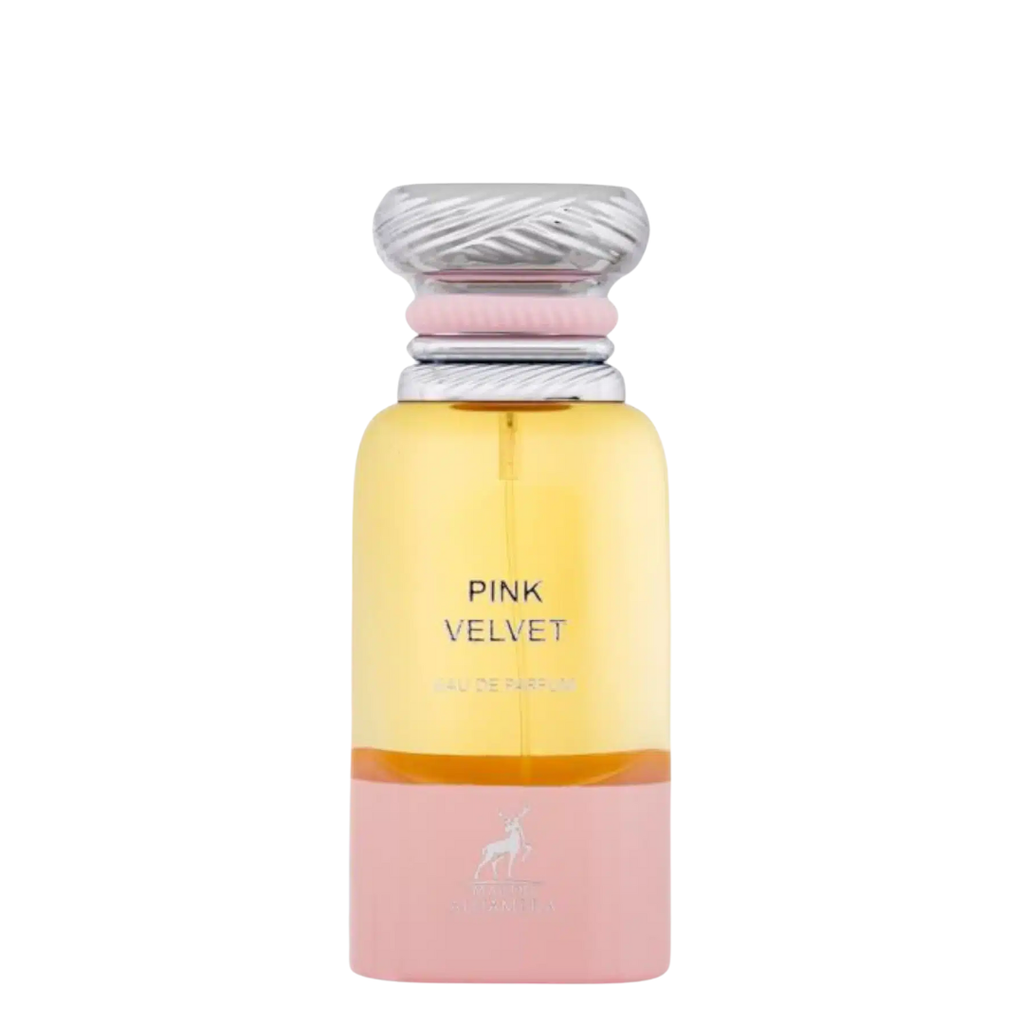 Perfume bottle labeled 'Pink Velvet' with a silver cap on a white background