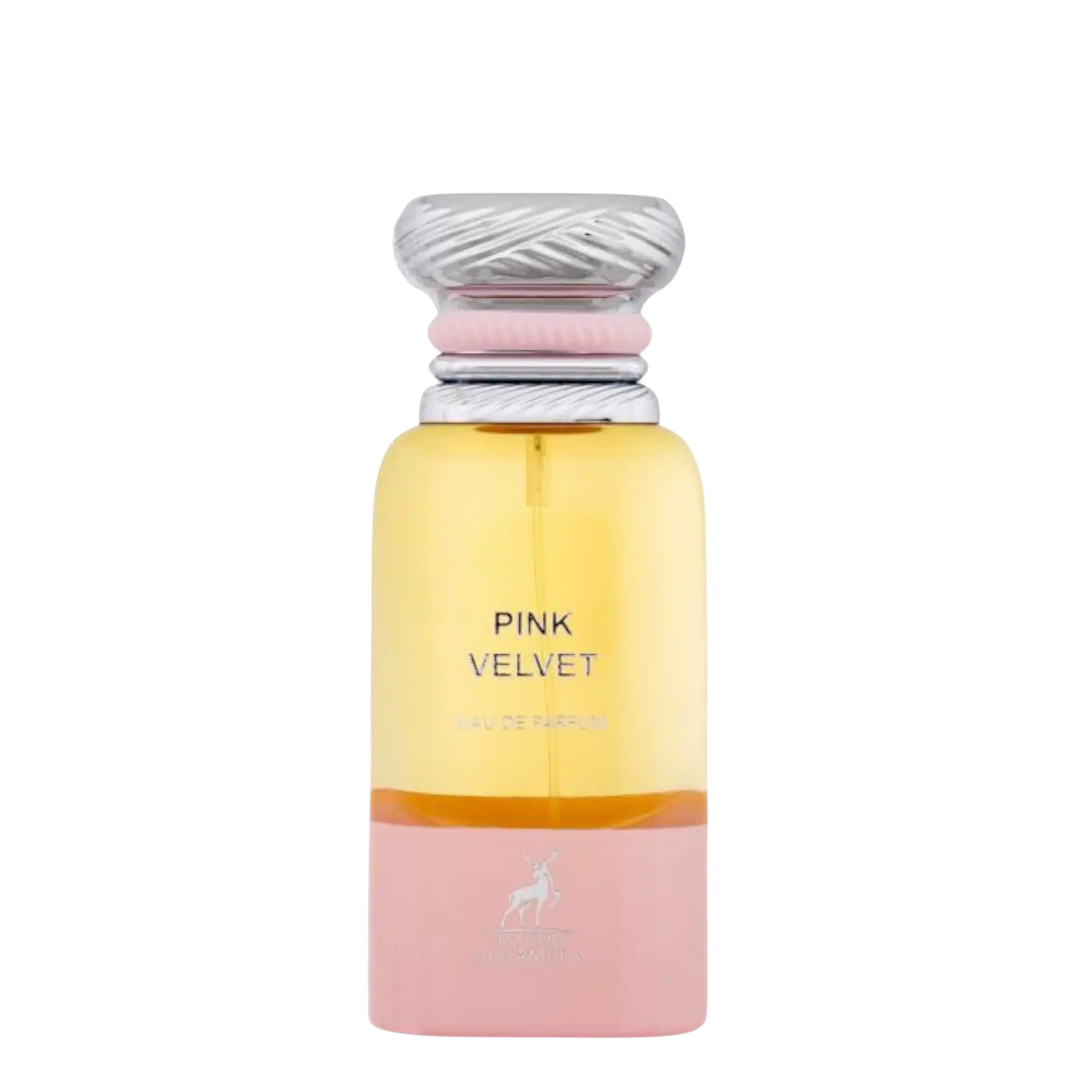 Perfume bottle labeled 'Pink Velvet' with a silver cap on a white background