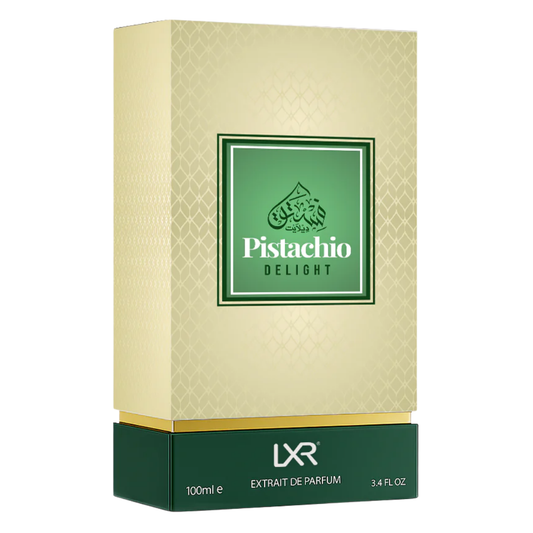 LXR Pistachio Delight perfume box on a white background