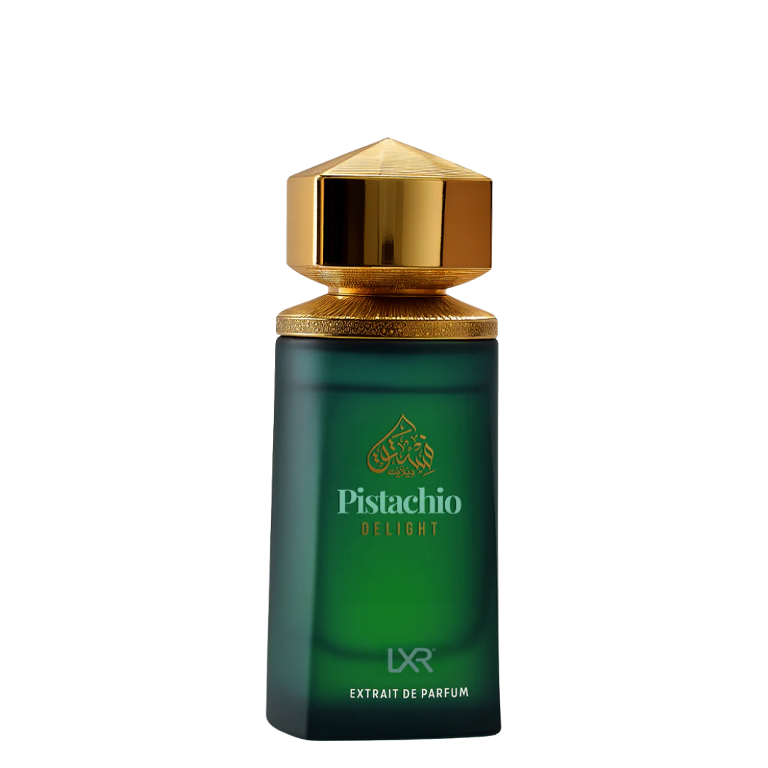 Green perfume bottle with gold cap labeled 'Pistachio Delight' by LXR on a white background