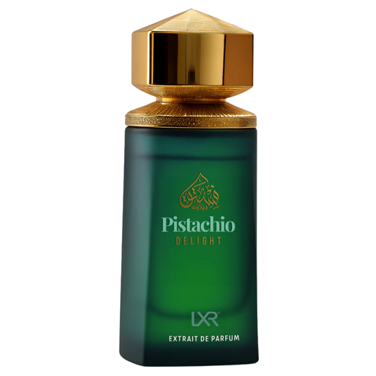 Green perfume bottle with gold cap labeled 'Pistachio Delight' by LXR on a white background
