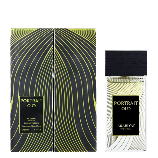 Arabiyat Portrait Oud perfume bottle and packaging with black and yellow design. Portrait Oud by Arabiyat Prestige Unisex Perfume