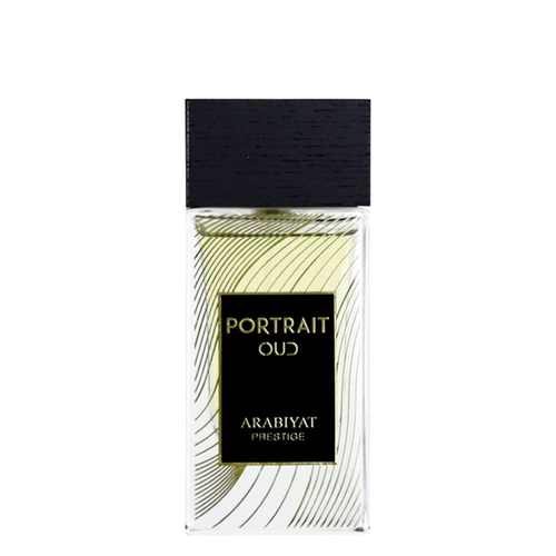 A clear glass bottle of Portrait Oud perfume with a black cap and gold text label, showcasing the brand name and fragrance name. Portrait Oud by Arabiyat Prestige Unisex Perfume