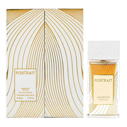 Arabiyat Prestige Portrait perfume bottle and packaging with gold and white design. Portrait by Arabiyat Prestige Unisex Perfume