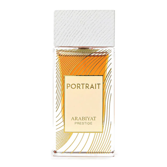 A clear glass bottle of Portrait Perfume with a white cap and a label that reads 'ARABIYAT PRESTIGE'. The liquid inside is colored amber. Portrait by Arabiyat Prestige Unisex Perfume
