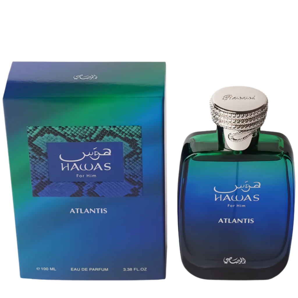 Hawas Atlantis perfume bottle and packaging on a white background