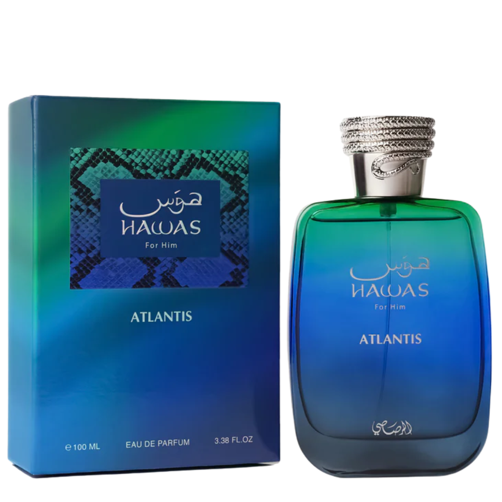 Hawas Atlantis perfume bottle and packaging on a white background
