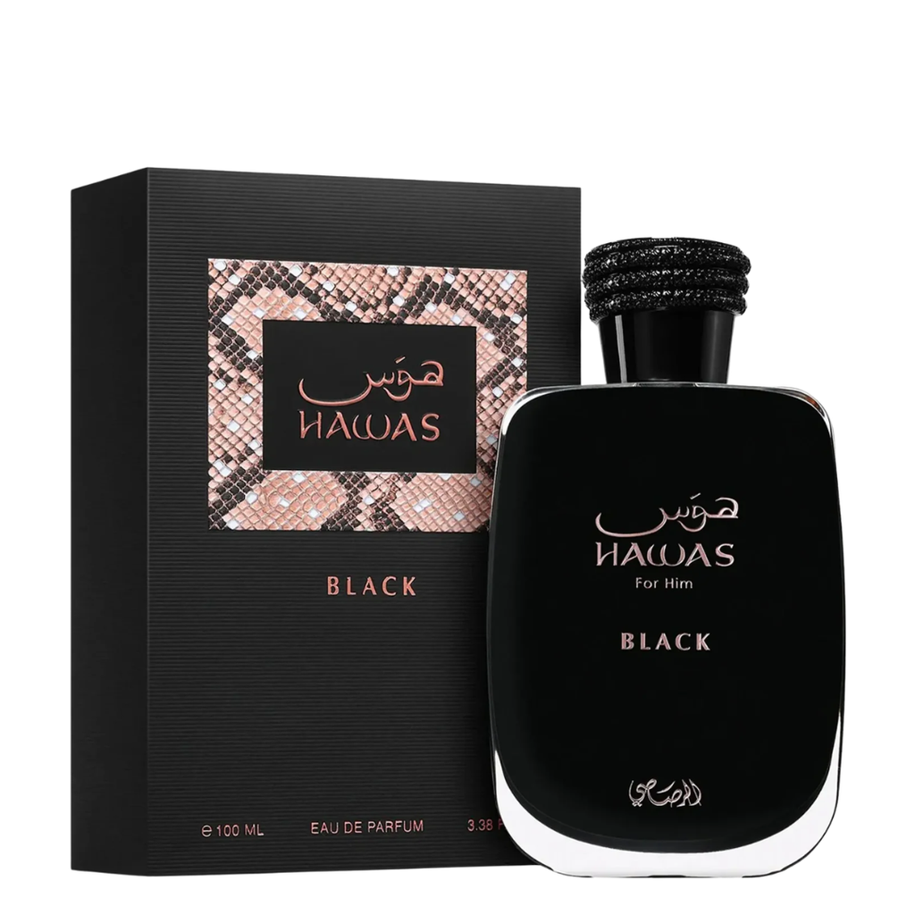 Hawas Black perfume bottle and packaging on a white background