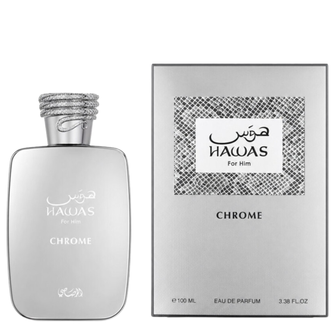 A silver-toned perfume bottle labeled 'Hawas For Him CHROME' stands beside its matching rectangular box on a plain white background.