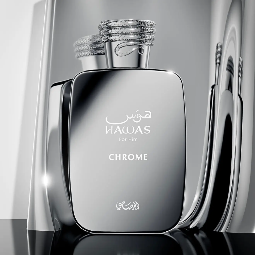 Silver Rasasi HAWAS Chrome perfume bottle with reflective surface