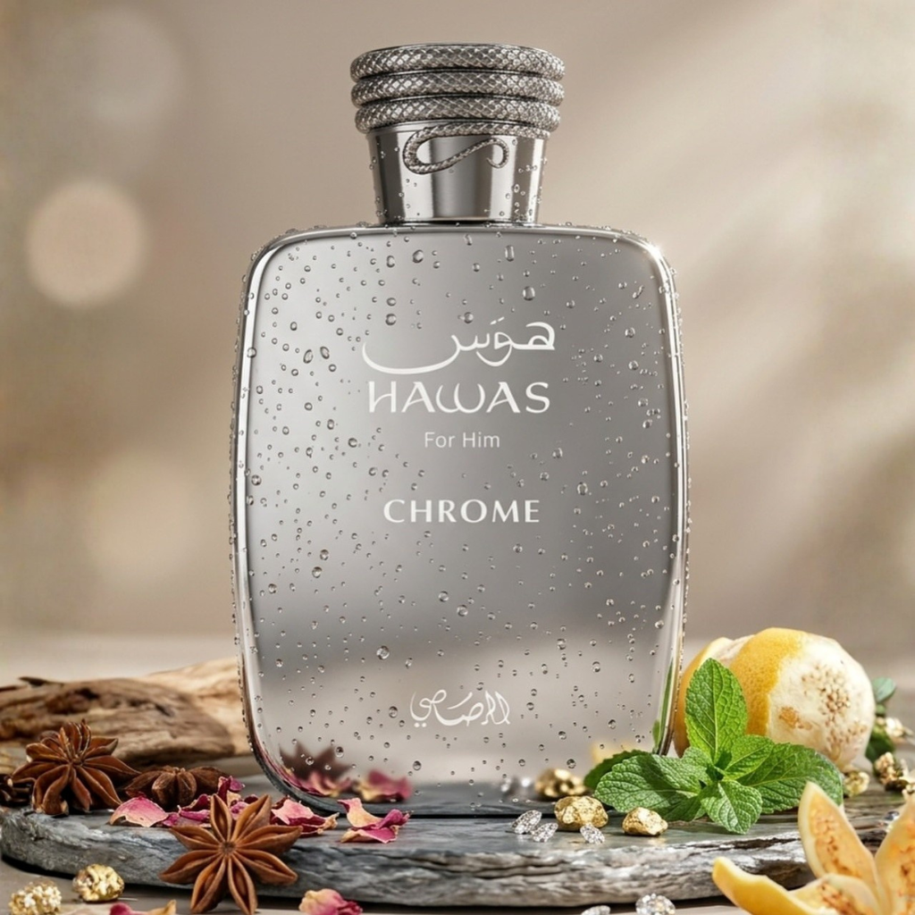 Hawas Chrome perfume bottle with decorative elements on a blurred background