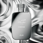 Rasasi Hawas Chrome Eau de Parfum 100ml bottle against a wavy reflective backdrop