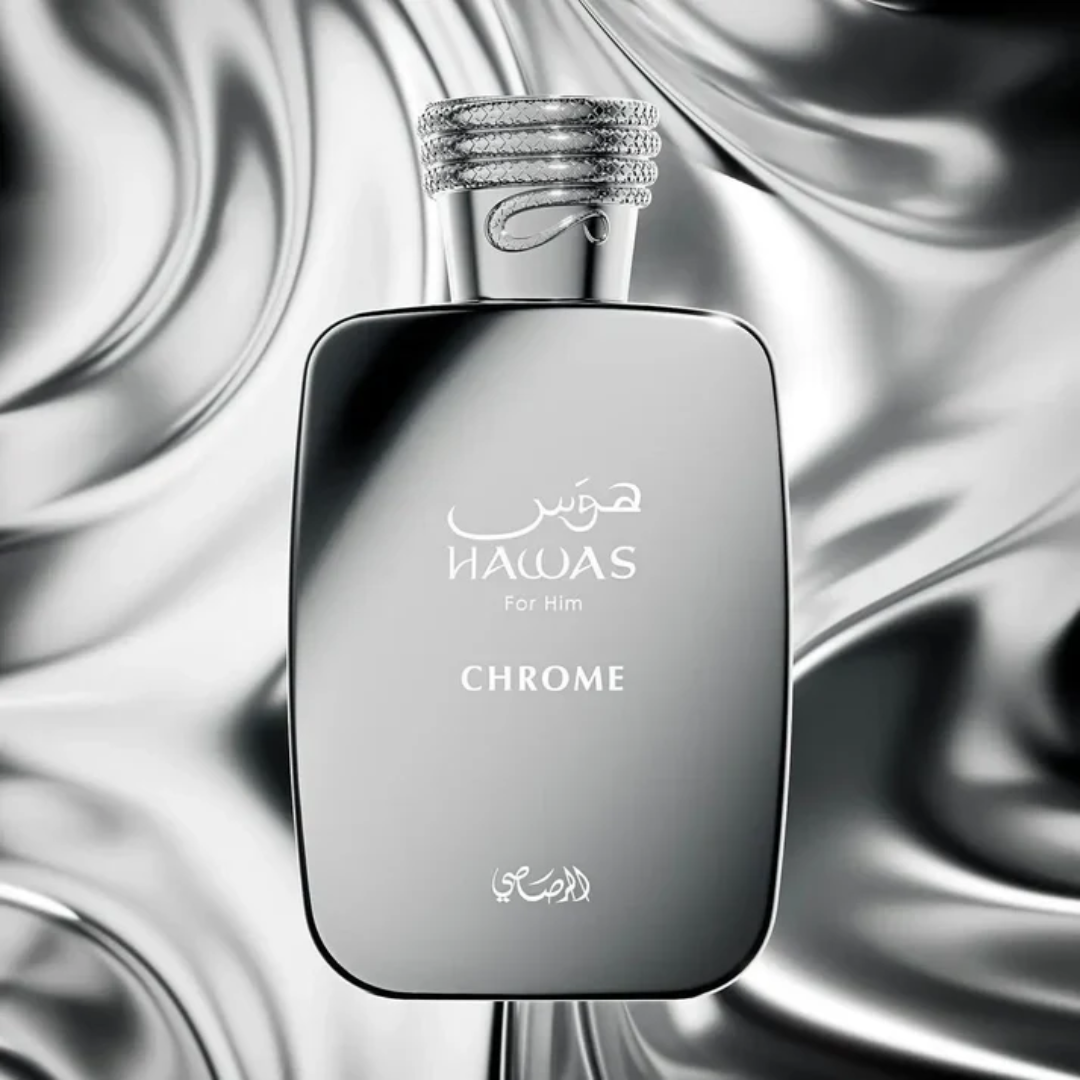 Perfume bottle labeled 'Rasasi Hawas Chrome' on a silver and gray gradient background