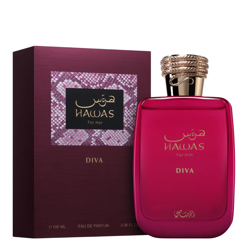 Hawas Diva perfume bottle and packaging on a white background