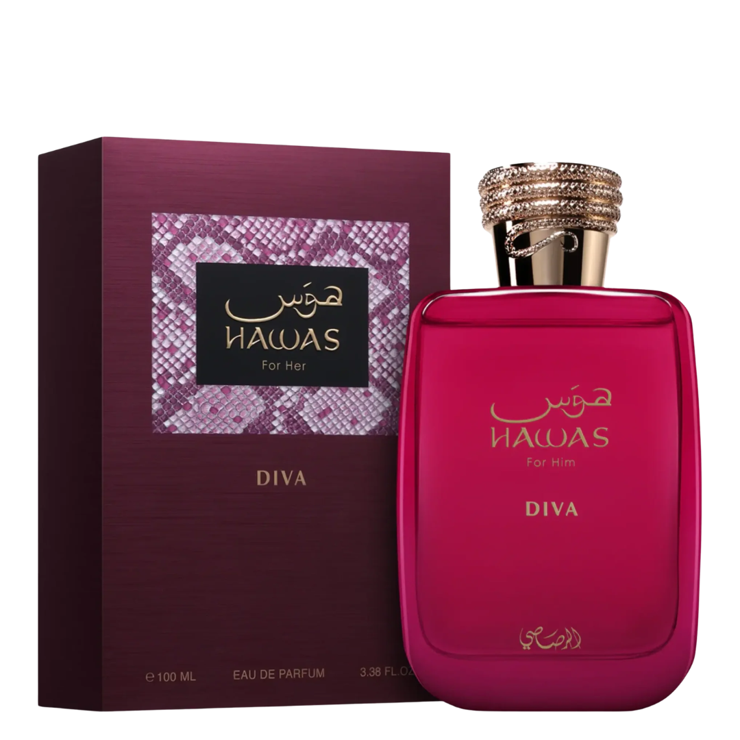 Hawas Diva perfume bottle and packaging on a white background