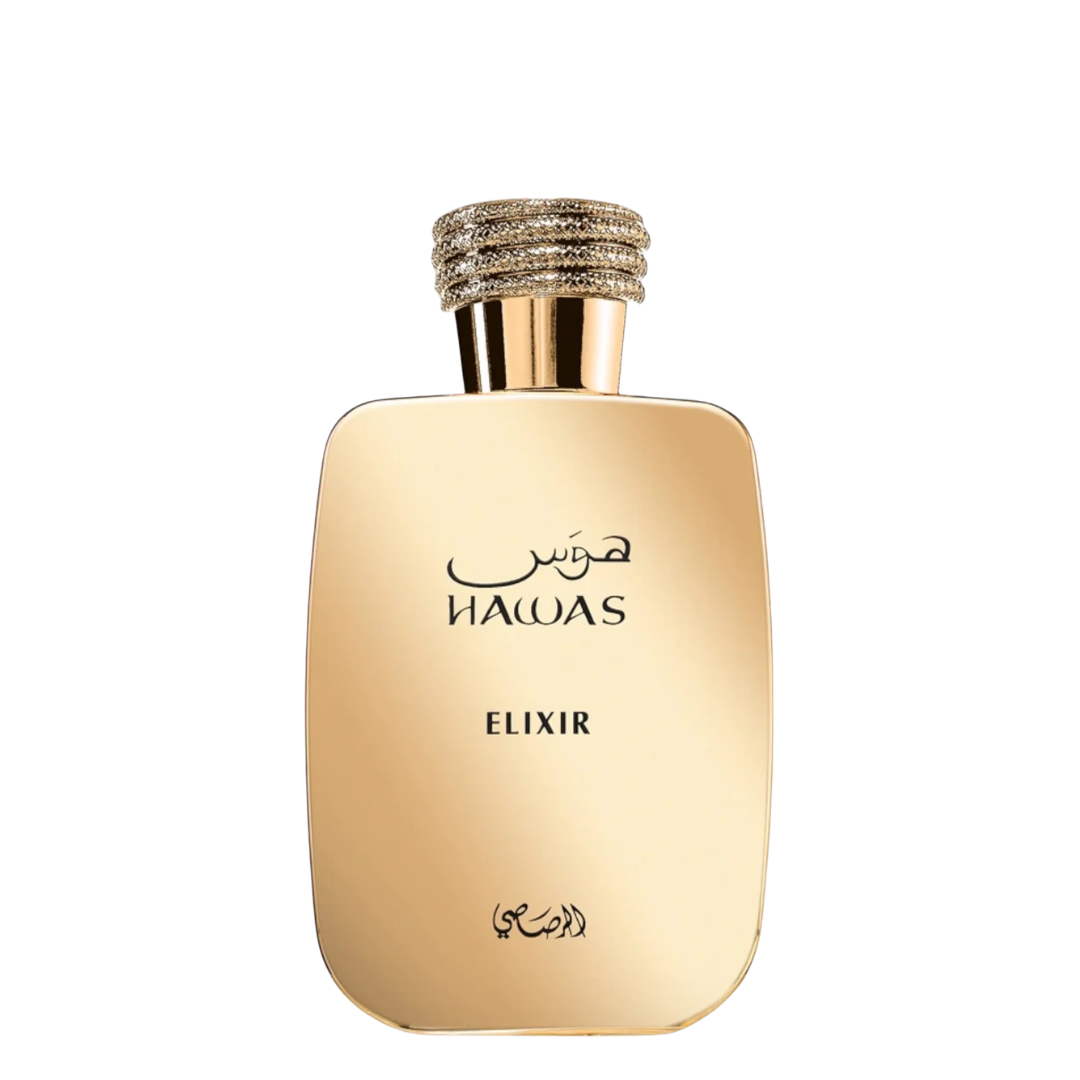 Gold perfume bottle labeled 'Hawas Elixir' on a white background