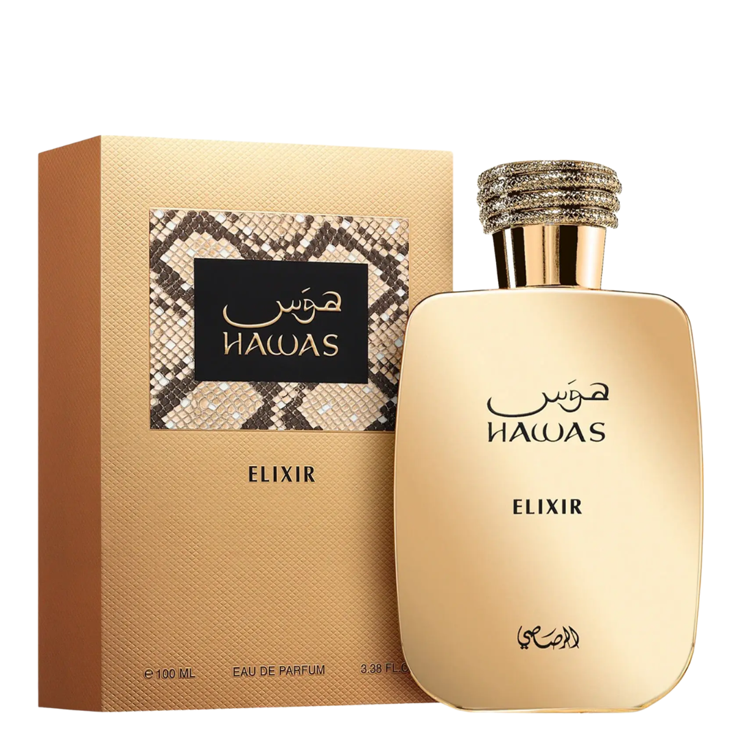 Hawas Elixir perfume bottle and packaging on a white background