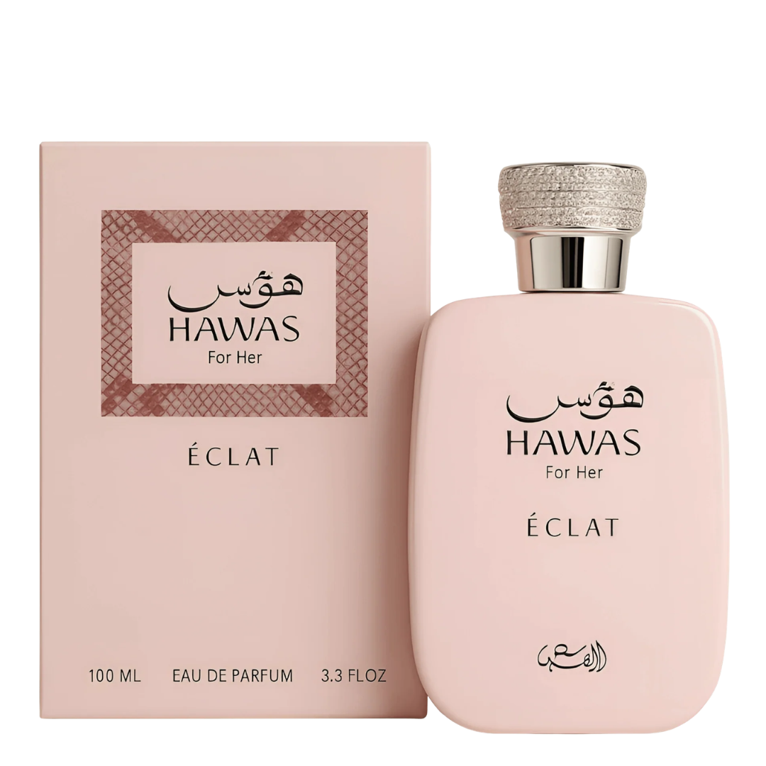Hawas for Her Eclat perfume bottle and packaging on a white background