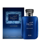 Rasasi Hawas Gold Digger perfume bottle next to its blue packaging box on a white background.