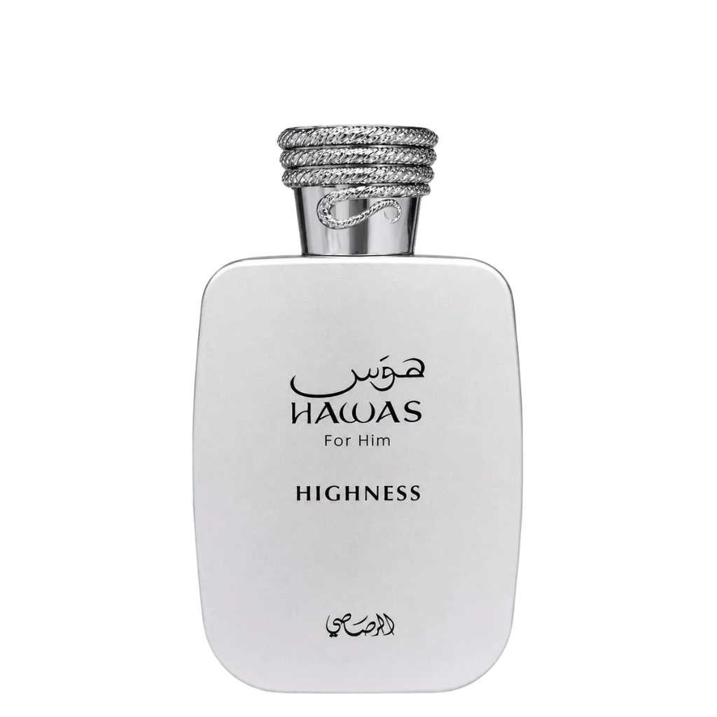 Perfume bottle labeled 'Hawas for Him Highness' on a white background