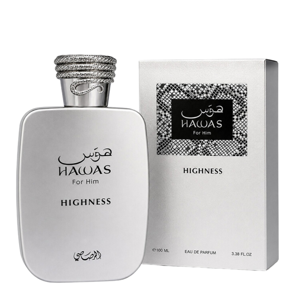 Perfume bottle and packaging of 'Hawas Highness' on a white background