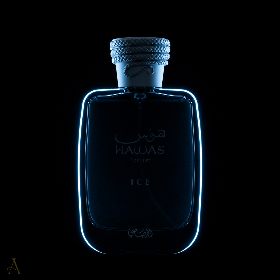 A dark glass perfume bottle labeled HAWAS For Him ICE, featuring a glowing blue outline against a solid black background.