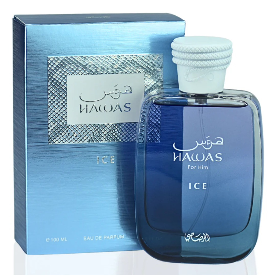 Blue Hawas Ice perfume bottle and packaging on a white background