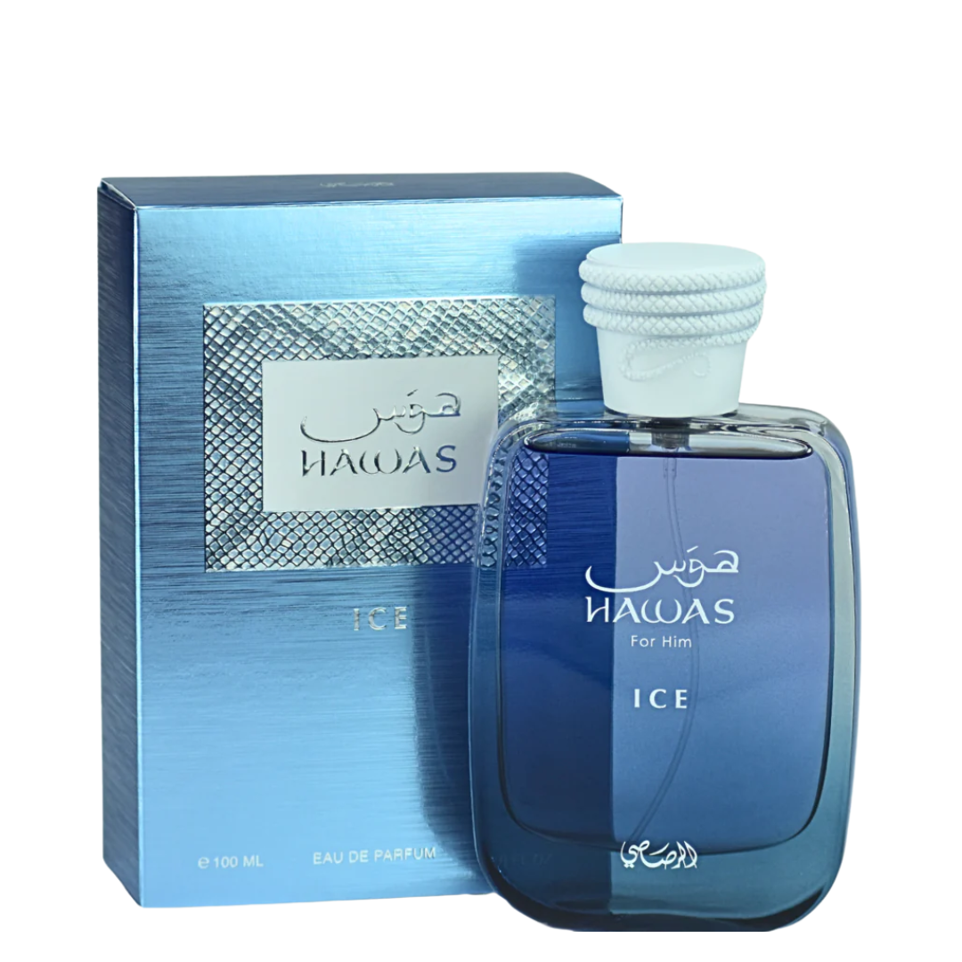 Blue Hawas Ice perfume bottle and packaging on a white background