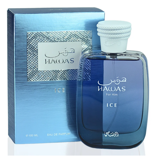 Blue Hawas Ice perfume bottle and packaging on a white background