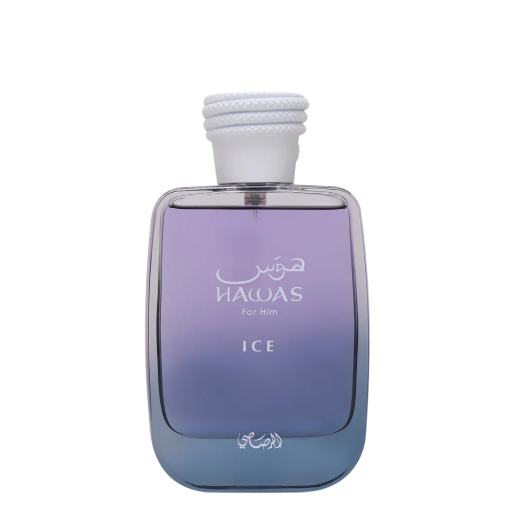 Perfume bottle labeled 'Hawas for Him Ice' on a white background