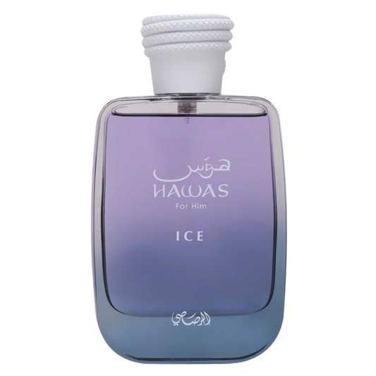 Perfume bottle labeled 'Hawas for Him Ice' on a white background