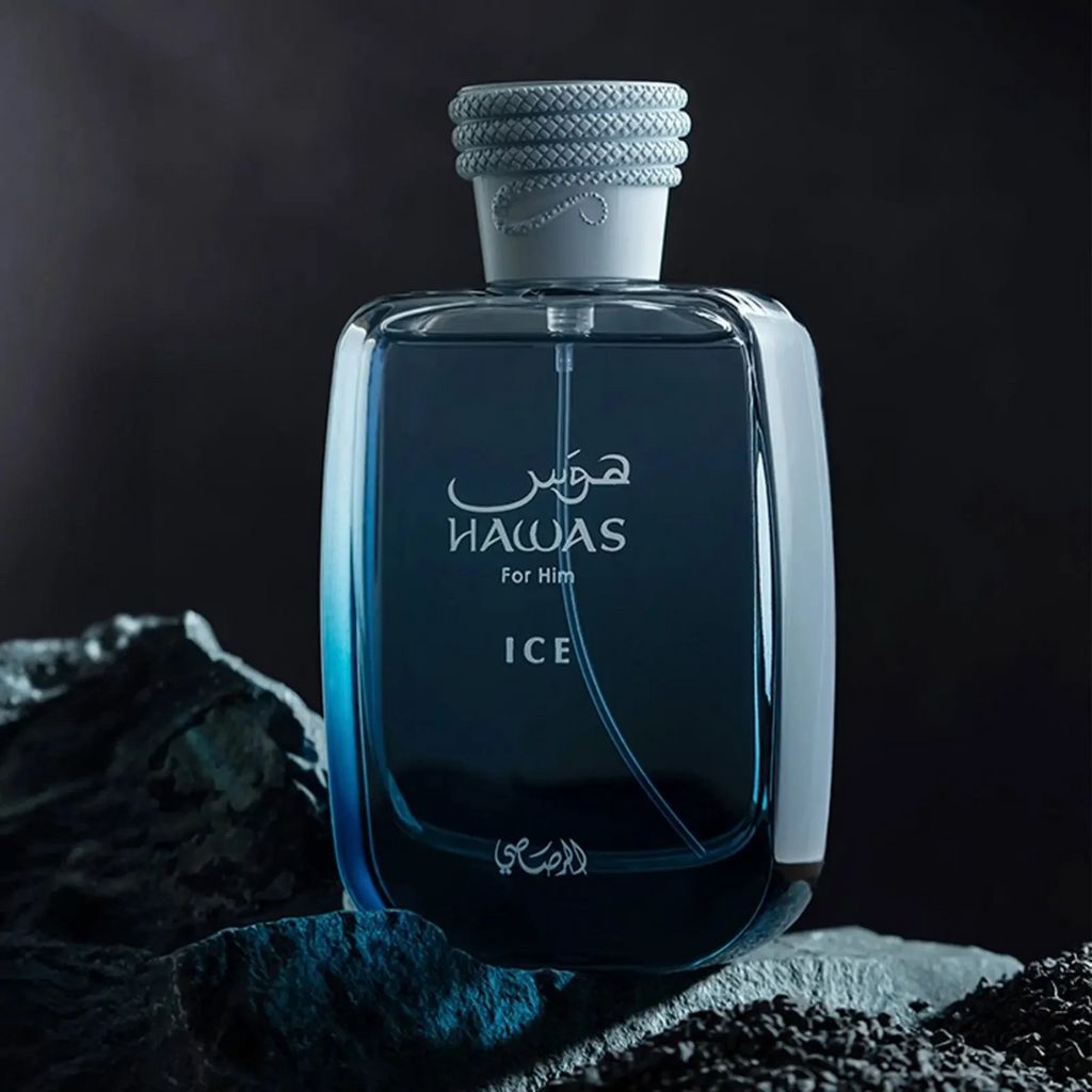 Perfume bottle labeled 'Hawas for Him Ice' on a dark background